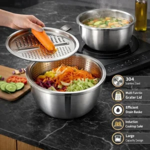Combo cocina 5 en 1: bowls de acero y escurridor